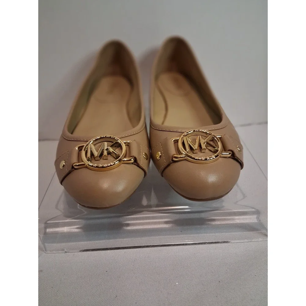 Michael Michael Kors Fulton Moc Tan Leather Ballet Flats Gold Logo Medallion 8.5